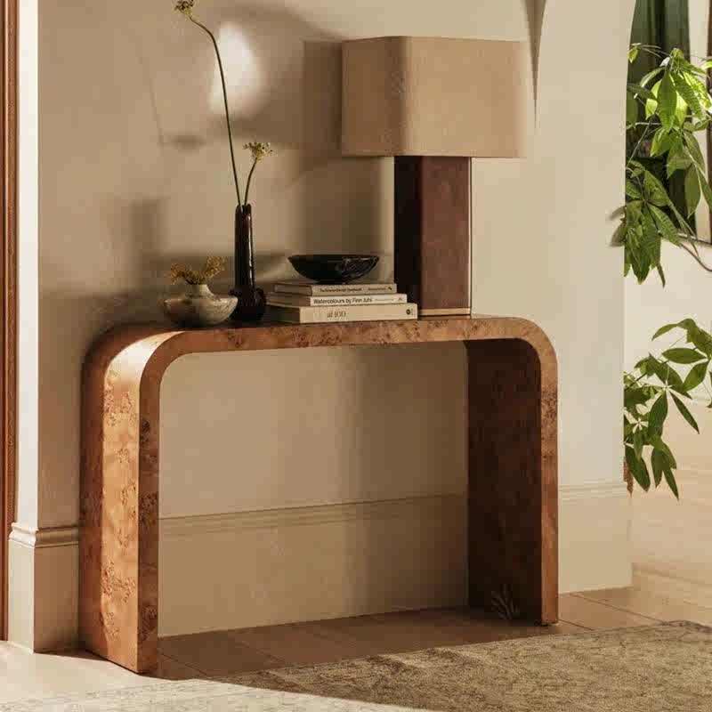 Luxury Burl Wood Console Table with Curved Waterfall Design, French Vintage Style Entryway Table for Hotels & B&Bs, Natural Wood Grain Hall Display Table,