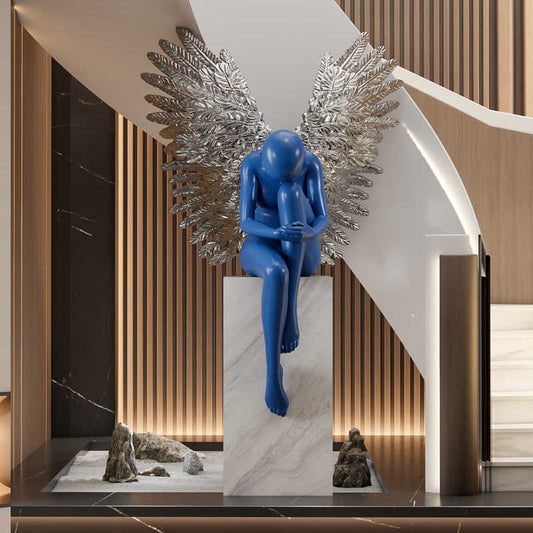 Modern Sitting Angel Sculpture with Silver Wings – Blue Contemporary Art Figure for Hotel Lobby & Living Room Display