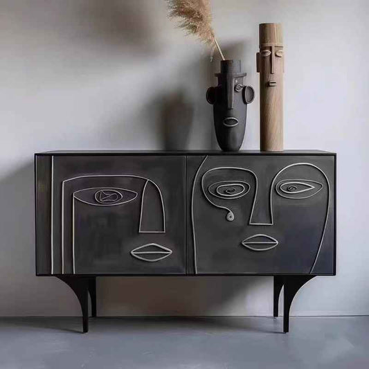 Abstract Face Art Sideboard Cabinet – Modern Wabi-Sabi Entryway Accent Storage, Designer Bedroom End Cabinet, Multifunction Living Room Console Table for Contemporary Decor