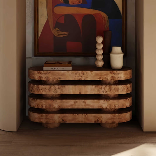 Burl Wood Entryway Console Table, Designer Multi-Layer Retro Luxury Foyer Cabinet – Fully Assembled