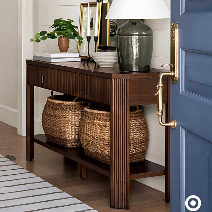 Rustic Country Solid Wood Narrow Entryway Console Table – Vintage Hallway Foyer Cabinet with Drawer and Shelf, Dark Brown