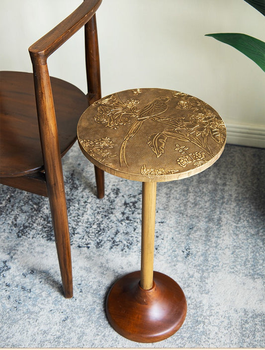 Golden Magpie Brass & Wood Accent Table, Vintage Round Side Table for Living Room, Sofa, Balcony, Bedroom Nightstand, Bird Engraved