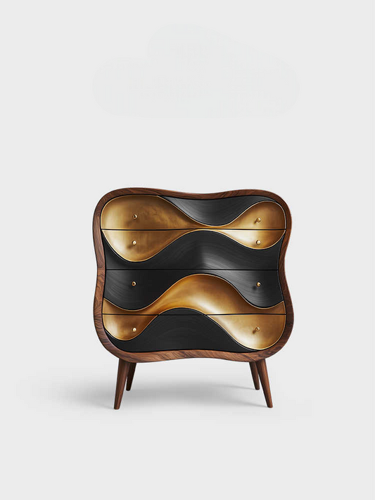 Luxury Designer Wave Front 4-Drawer Chest – Modern Artistic Solid Wood Storage Cabinet with Gold & Black Curved Drawers, Bedroom Accent Dresser for Villa, Entryway, or Jewelry