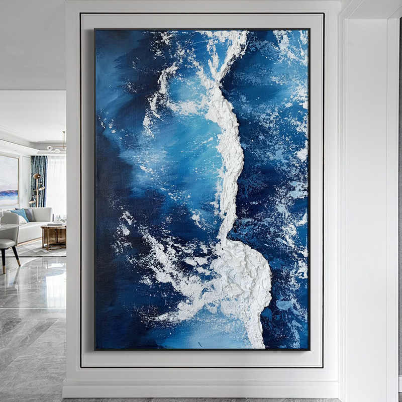 Modern Minimalist Deep Blue Abstract Ocean Waves Textured Hand-Painted Canvas Wall Art with Black Aluminum Frame, Living Room Sofa & Entryway Decor