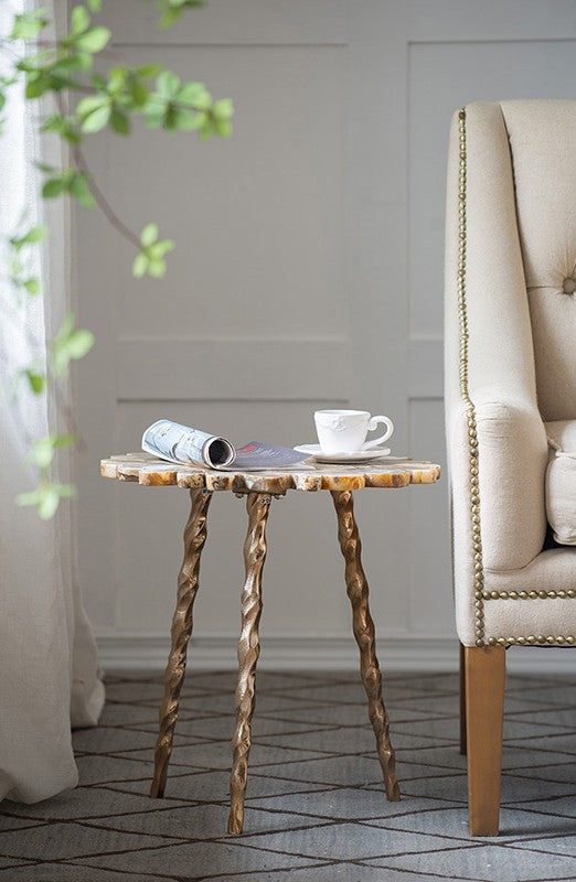 Handcrafted Aluminum Inlaid Agate Luxury Stone Designer Side Table, Large Gold Edition