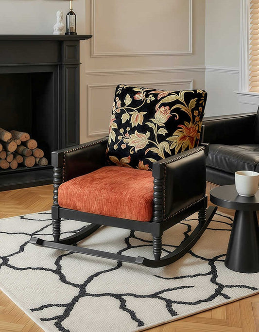 Vintage Solid Wood Rocking Chair – Designer Black/Floral Jacquard Lounge, Balcony/Study/Leisure