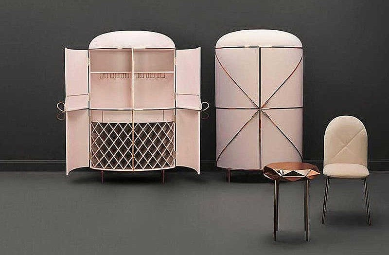 Italian Designer Luxury Wine Cabinet with Art Deco Geometric Pattern, Curved Door Custom Storage Cabinet with Diamond Lattice Detail, 2025 Collection