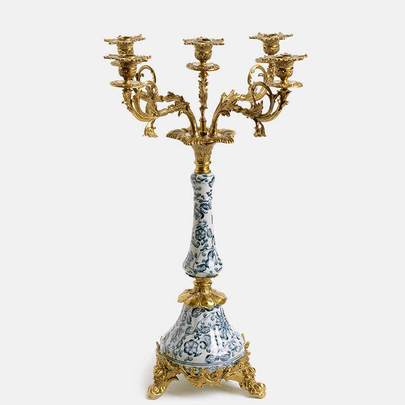 Blue and White Porcelain Brass 5-Arm Candelabra – European Court Style Candle Holder for Luxury Villas, Palaces, and Centerpiece Decor