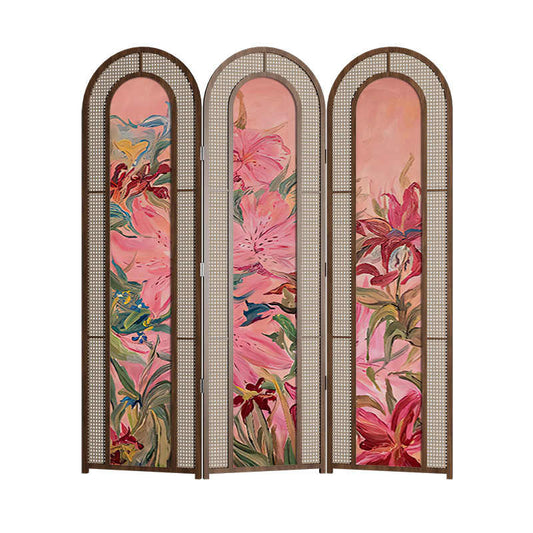 Vintage Rattan Folding Screen, Three-Panel Hand-Painted Floral Solid Ash Wood Room Divider, Elegant Bedroom, Living Room, Entryway Accent