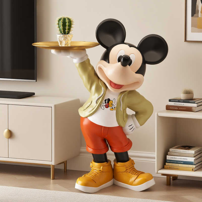 Life-Size Mickey Mouse Server Statue with Golden Tray, Disney Character Floor Figurine with Functional Display Surface, Premium Living Room Decor