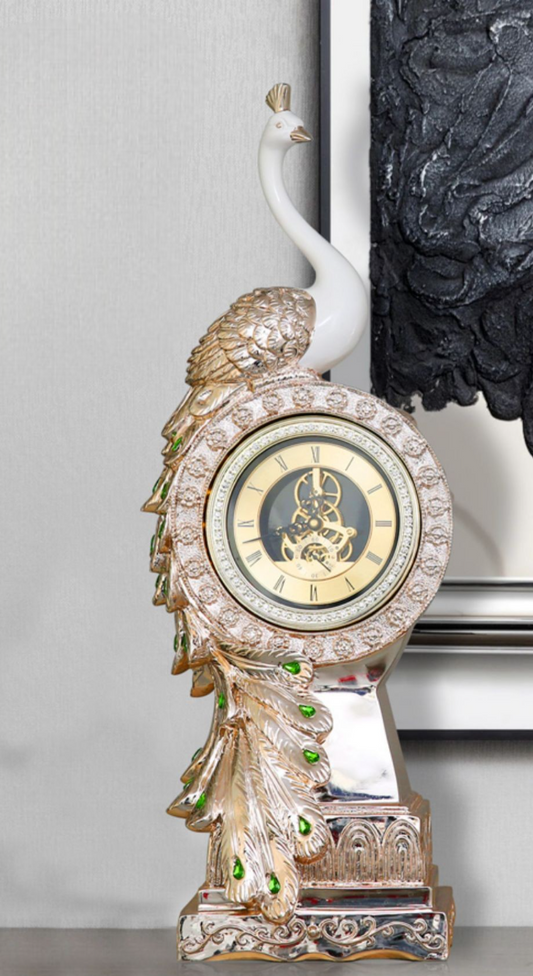Luxury Rose Gold Peacock Table Clock – Elegant Resin Figurine for Living Room, Entryway, or Gift