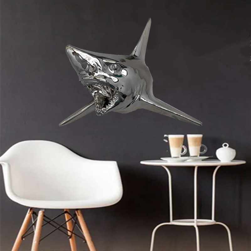 Silver-Plated Shark Head Wall Decor, Realistic Animal Sculpture for Bar, Restaurant, Home Interior Accent, Modern Coastal 3D Wall Hanging