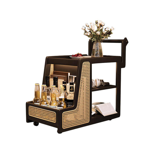 Luxury Rattan Bar Cart – Movable Side Table with Shelves, Black Solid Wood Tea Trolley, Multi-Functional End Table, Vintage Decorative Rolling Serving Cabinet for Living Room Bedroom