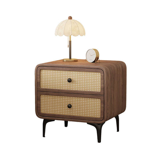 Mid-Century Modern Rattan Nightstand – Solid Wood & Woven Cane Two-Drawer Bedside Cabinet, Contemporary Scandinavian Bedroom Storage Furniture