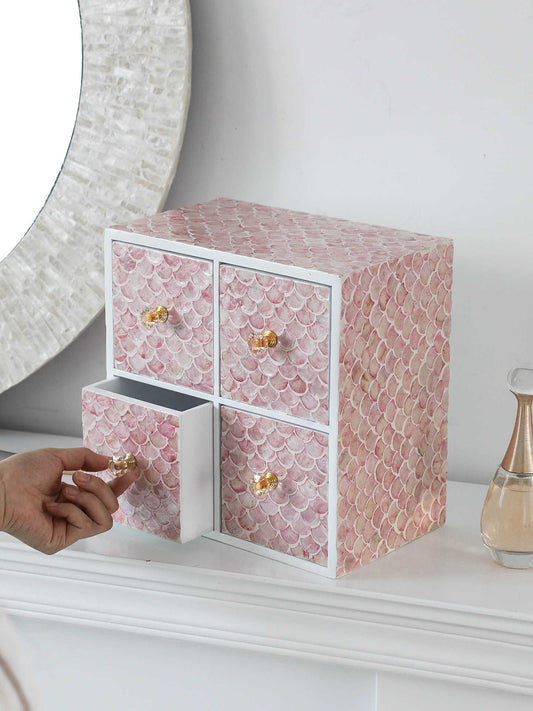 Pink Pearl Jewelry Organizer Box, Decorative 4-Drawer Makeup Storage Chest for Vanity, Dresser, and Desk