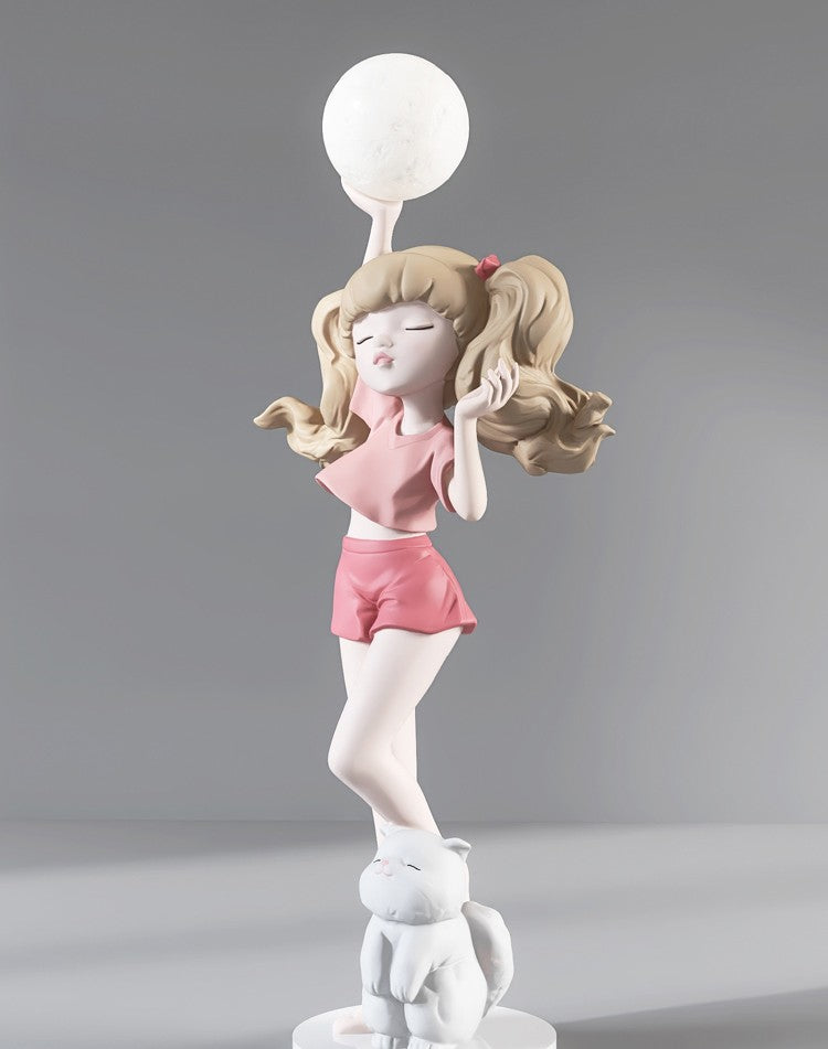 Modern Girl Figurine Table Lamp – Creative Home Decor Sculpture with Cat, Bedroom Living Room TV Cabinet Bedside Night Light