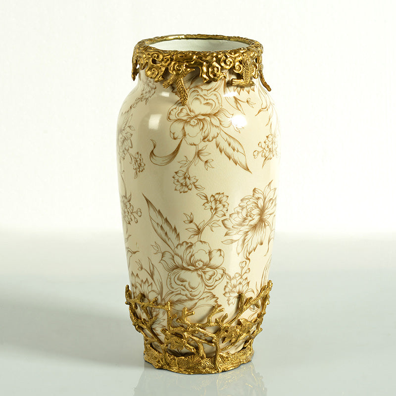 Ivory Floral Porcelain and Brass Vase, Creative Decorative Table Flower Vase for Living Room, Entryway, and Modern Home