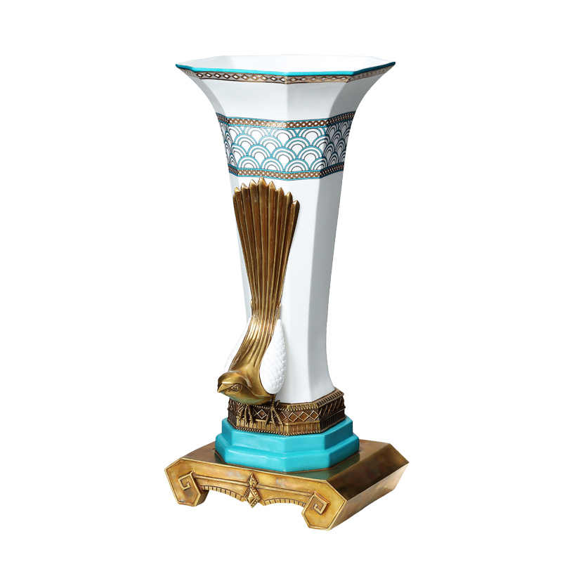 Luxury Ceramic and Brass Bird Accent Flared Vase – European Open-Mouth Decorative Flower Vase for Tabletop, Living Room, and Villa Foyer