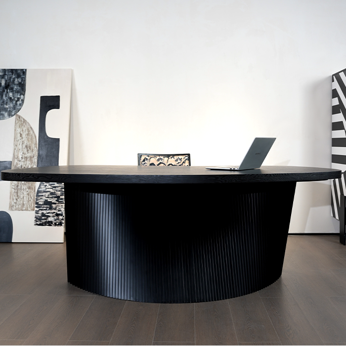 Italian Minimalist Designer Executive Desk – Modern Asymmetric Black Office Table, Luxury Home Study Workstation, Curved Wood Conference Table for Office or Home
