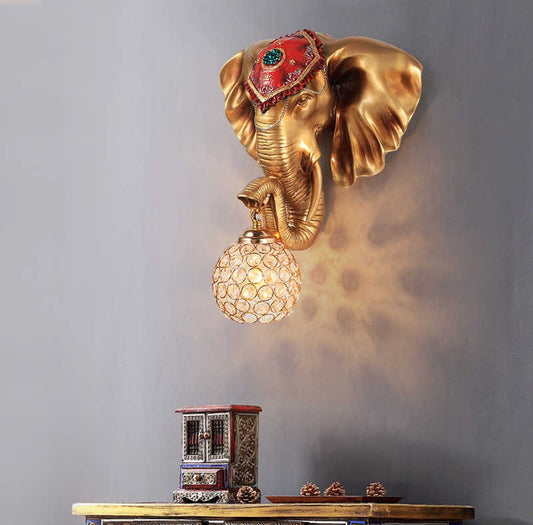 Creative Elephant Wall Sconce Light – White Decorative Animal Lamp with Crystal Globe Shade for Living Room, Bedroom, Hotel, Corridor, or Staircase