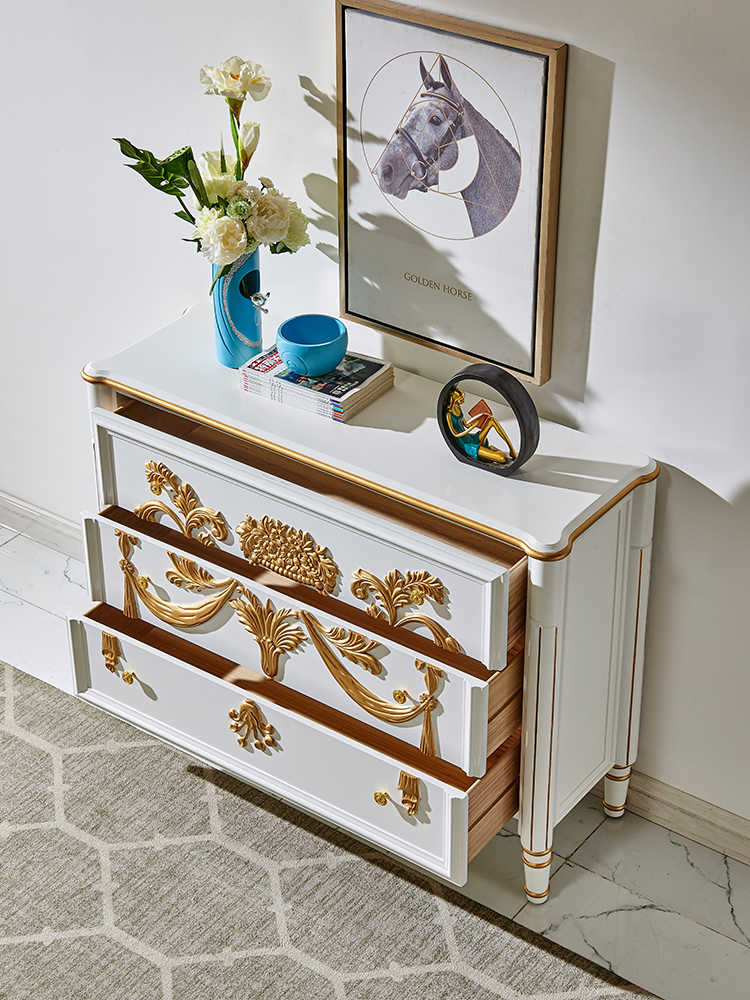 American Luxury Hand-Painted Chest of Drawers with Gold Baroque Details, French Colonial Style Storage Cabinet for Bedroom