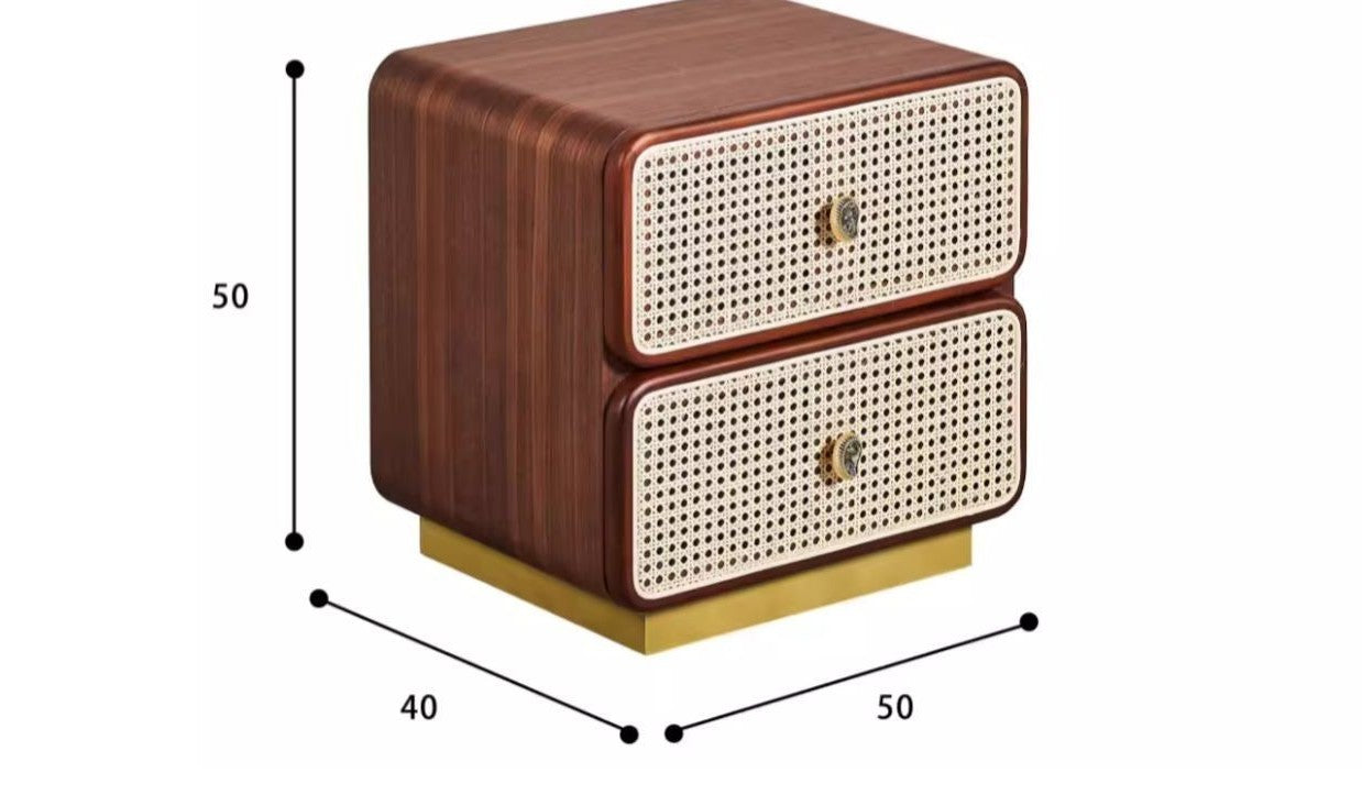 Italian Minimalist Natural Rattan Nightstand – Contemporary Woven Cane Storage Cabinet with Brass Accents, Modern Bedroom Furniture