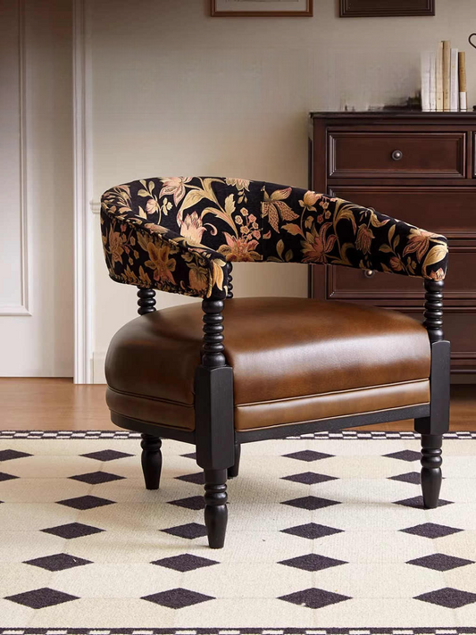 Vintage Solid Wood Accent Chair – Floral & Brown Upholstered Retro Lounge Chair for Small Apartment, Living Room and Bedroom