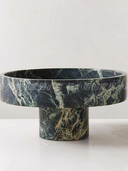Modern Minimalist Green Marble Fruit Bowl – Designer Pedestal Serving Dish for Villa Living Room & Dining Table Display