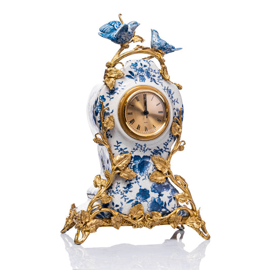 Blue and White Porcelain Brass Table Clock – Bird Motif Mantel Clock for Living Room, Villa, and Artistic Decor