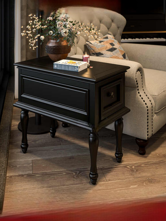 Solid Wood Square Side Table, Modern Minimalist Black Single-Drawer End Table for Living Room, Sofa, Bedroom