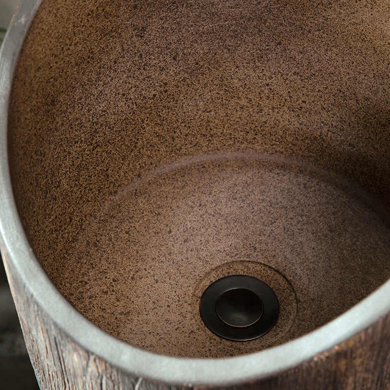 Compact Freestanding Pedestal Basin, Wood-Style Column Wash Basin for Small Balcony Outdoor Garden, Integrated Floor Standing Sink