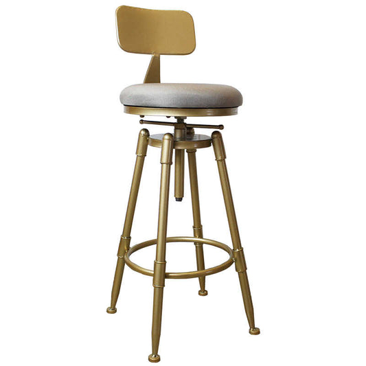 Modern Gold Adjustable Bar Stool with Backrest – Industrial Swivel High Chair, Linen Soft Seat, Iron Bar Height Stool for Kitchen, Home Bar