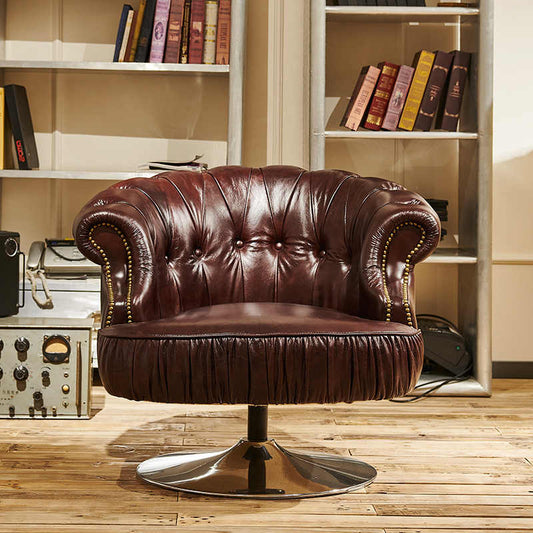 Vintage Chesterfield Swivel Chair – Classic Tufted Brown Leather Executive Armchair with Polished Chrome Base, Mid-Century Designer Accent Chair