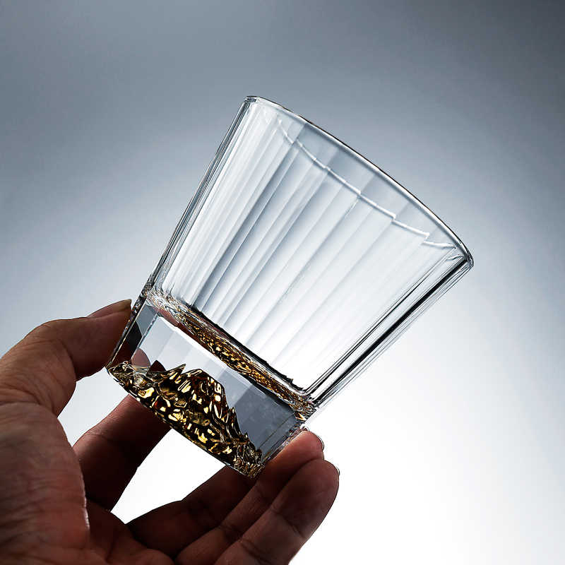 Gold Mountain Crystal Whiskey Glass, Luxury Striped Wide-Rim Spirits Tumbler for Home Bar, Premium Beer & Cocktail Glass with Gift Box