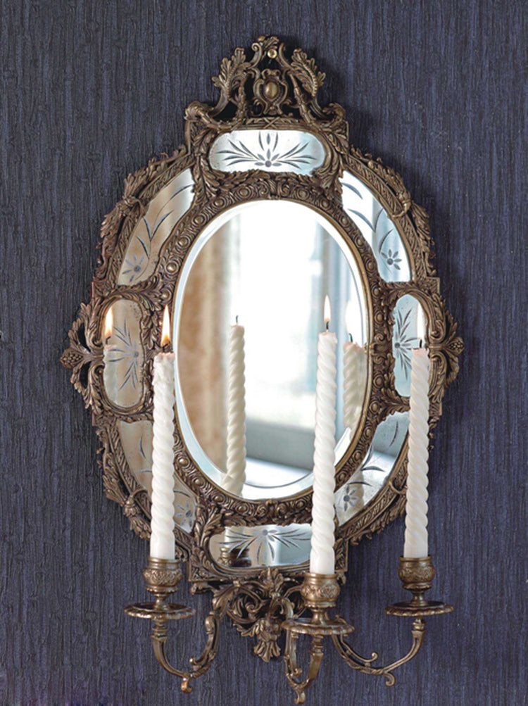 Antique European Oval Champagne Brass Wall Mirror Candle Sconce – Luxury Entryway Hanging Mirror with Floral Etched Glass and Candle Holder