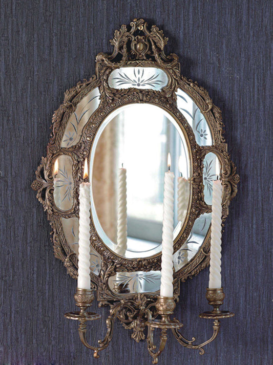 Antique European Oval Champagne Brass Wall Mirror Candle Sconce – Luxury Entryway Hanging Mirror with Floral Etched Glass and Candle Holder