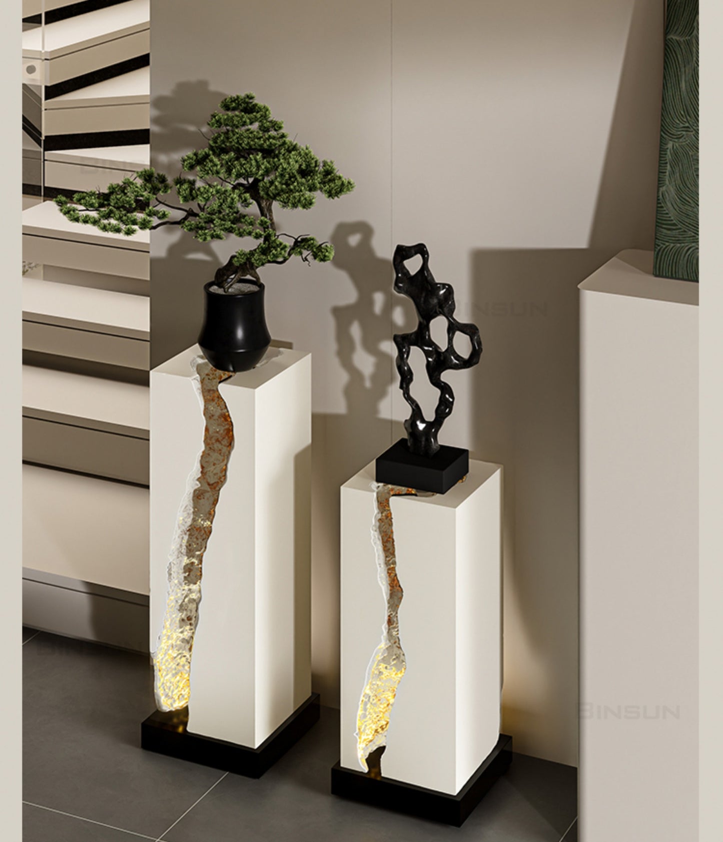 Stone Texture Display Pedestal with Built-in LED Lighting, Luxury Ivory White Column Stand with Gold Accents