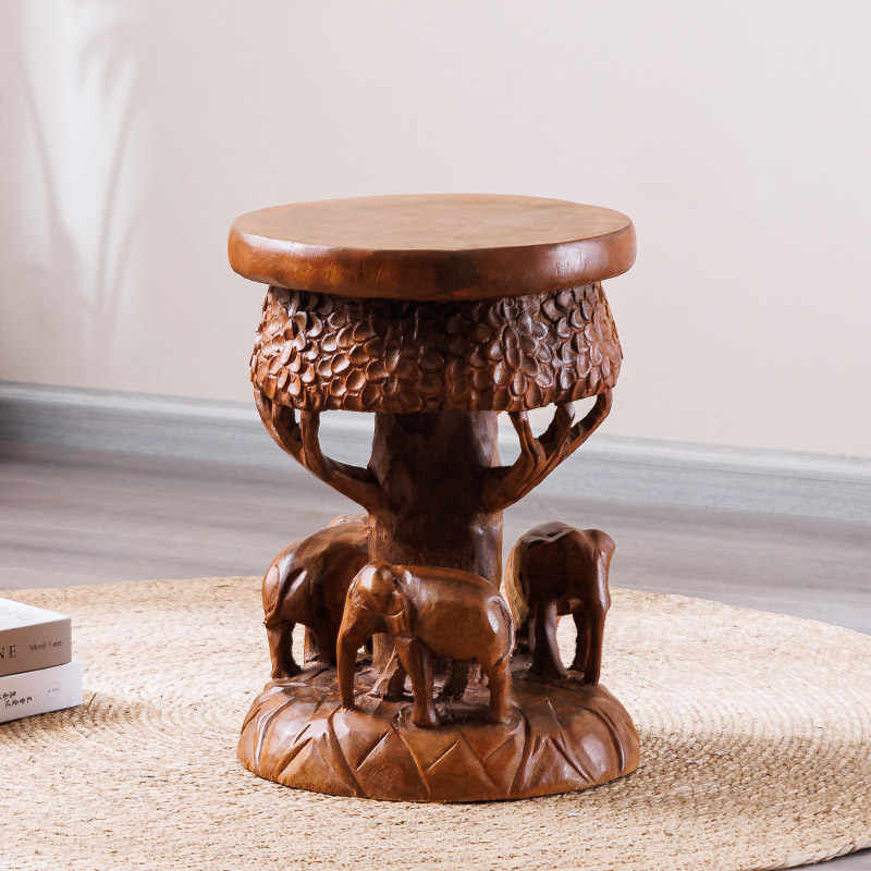Hand-Carved Thai Solid Wood Elephant Stool, Creative Animal Accent Seat, Decorative Shoe Bench Plant Stand