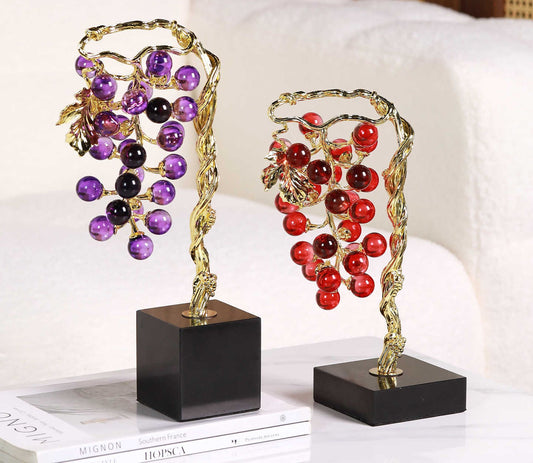 Light-Luxury Grape & Prosperity Tree Decorative Set – High-End Art Glass Desk/Entry Decor, Red Wine & Purple