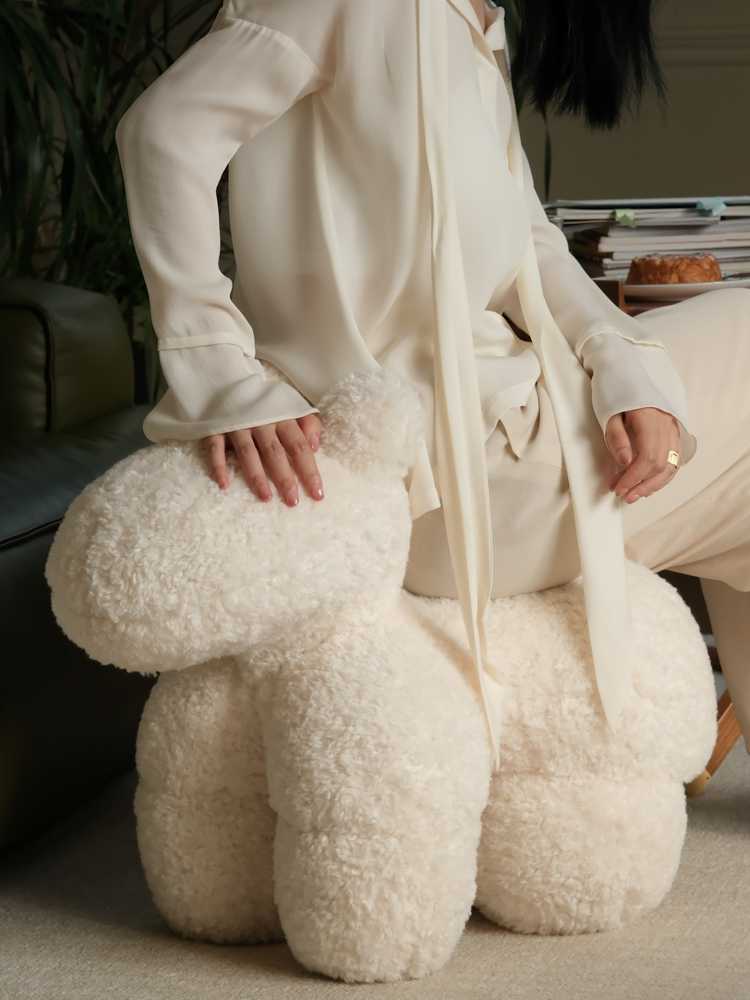 Rona Vintage Pony Chair Ottoman, Cream White Faux Lamb Wool Teddy Bear Footstool, Mid-Century Lounge Chair Accent Piece