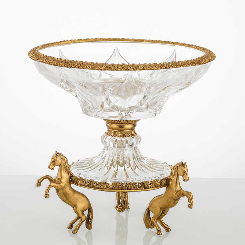 Crystal Glass Fruit Bowl with Brass Horse Pedestal – Luxury Centerpiece for Living Room, Dining Table, and Event Décor