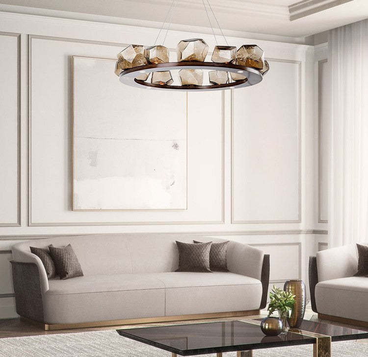 Modern Luxury Round Glass Chandelier, 10-Light Designer Pendant Lamp, Large Adjustable Dining Room or Living Room Ceiling Light