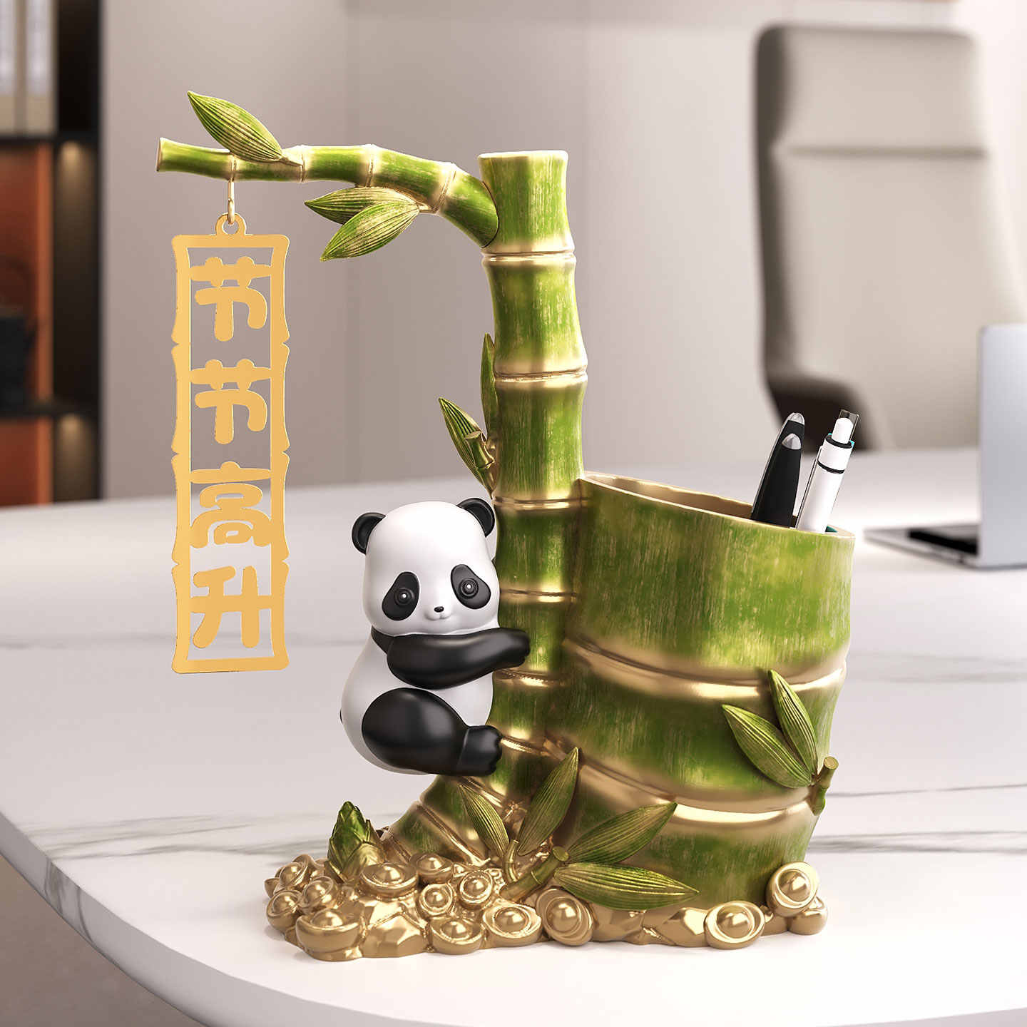 Panda Bamboo Pen Holder Desk Organizer, Cute Graduation Teacher Office Gift for Students, Workspace, Home Decor