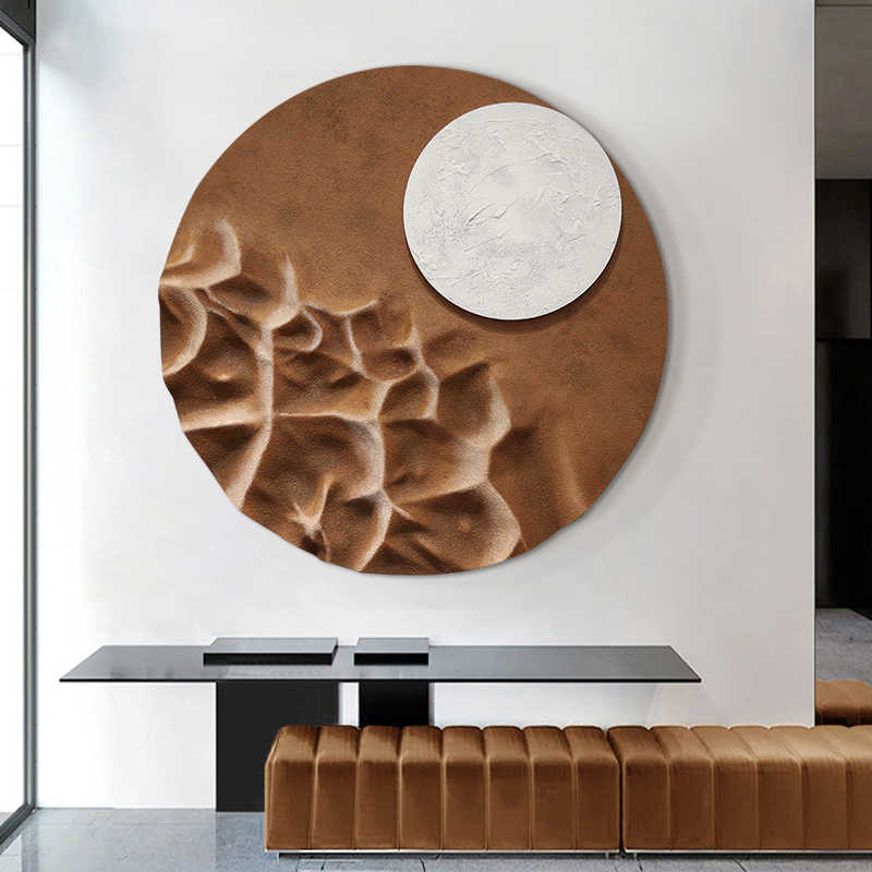 Modern Round 3D Relief Wall Art, Handcrafted Embossed Sandstone Texture Landscape with Moon, Entryway & Living Room, Unframed