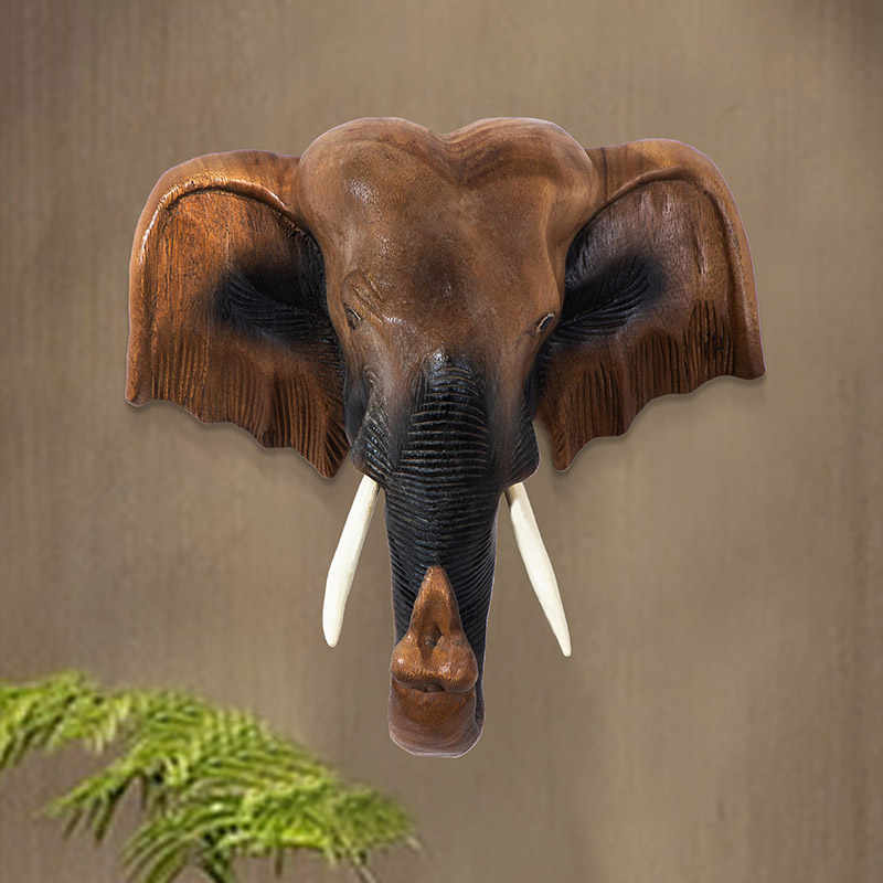 Thai Hand-Carved Wooden Elephant Head Wall Mount, Southeast Asian Style Home Decor Wall Hanging for Living Room & Office