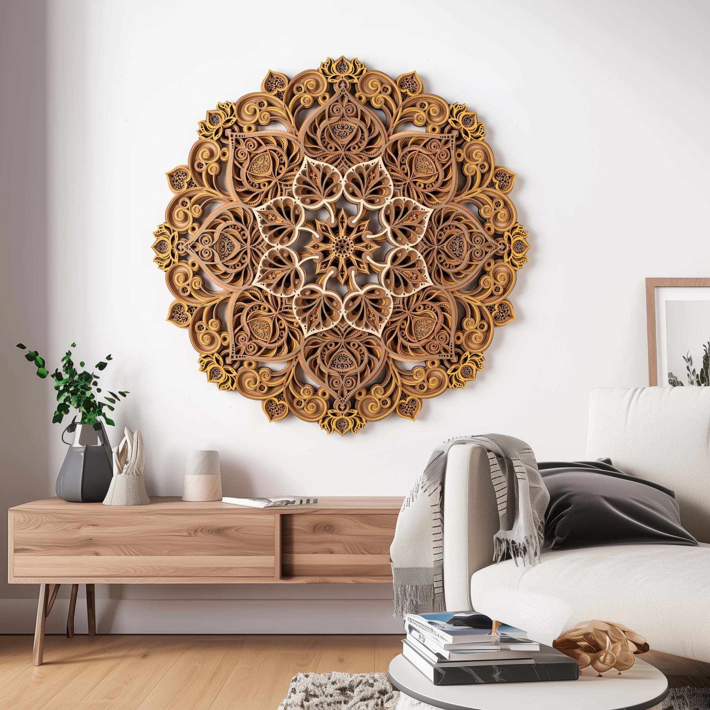 Large 3D Wooden Mandala Wall Art – Handcrafted Bodhi Flower Round Panel, Modern Sofa Backdrop, Living Room, Dining, Bedroom Decor