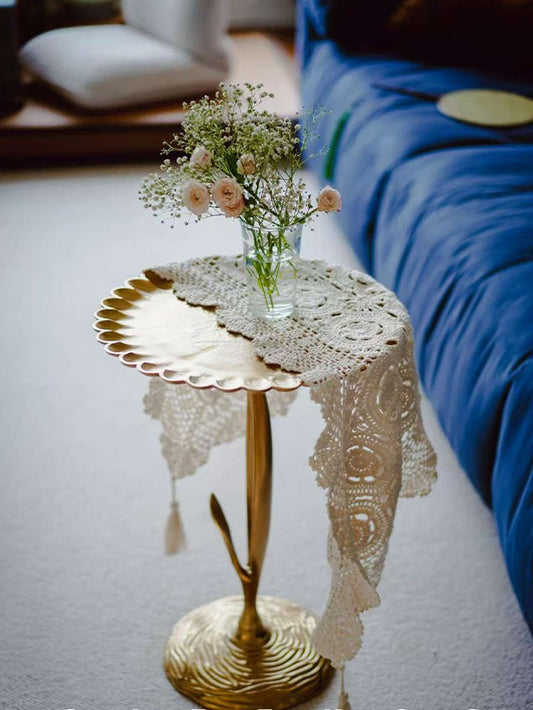 Aluminum Sunflower Side Table, Scalloped Edge Accent Table from India, Luxury Round Tea Table with Floral Design
