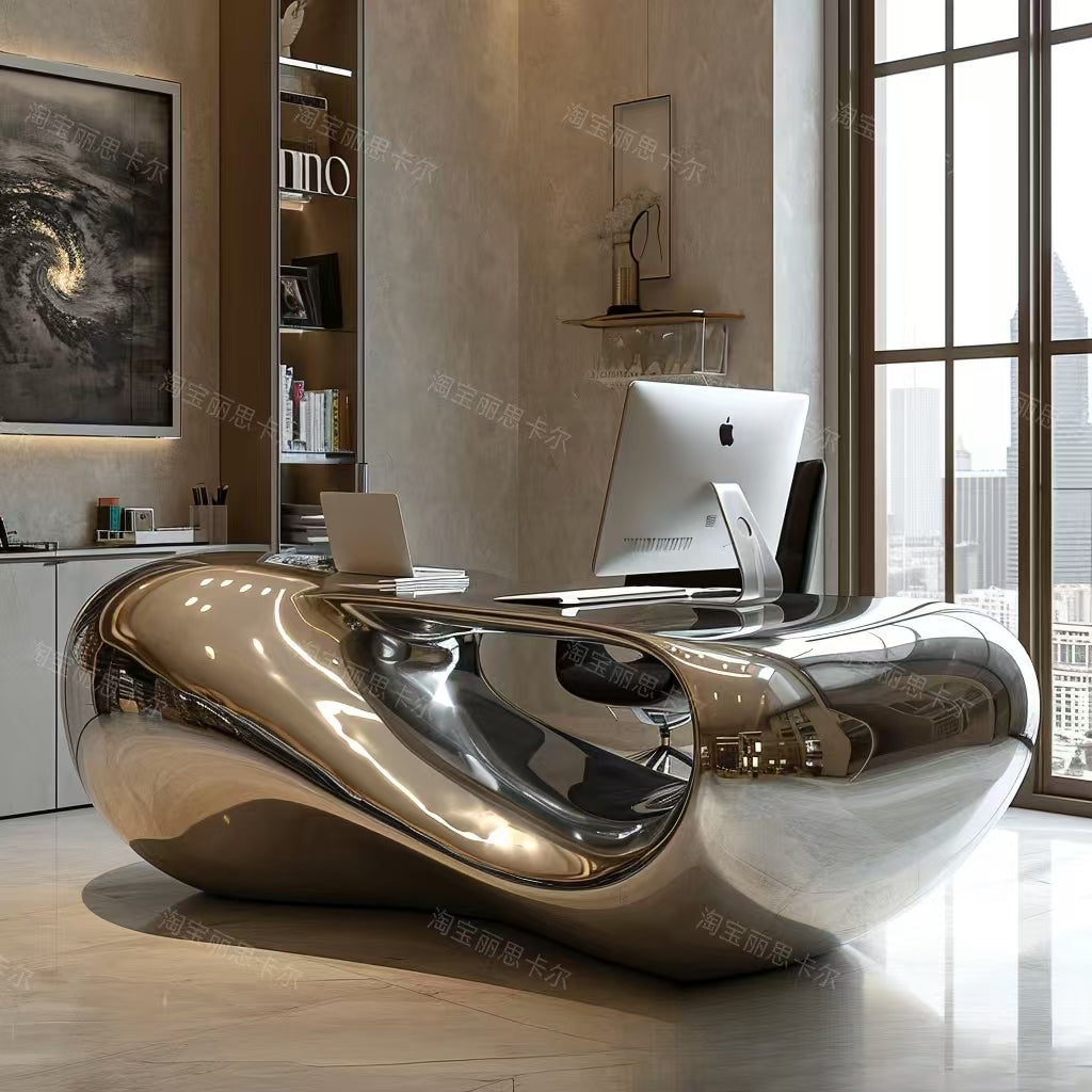 Fiberglass Chrome Reception Desk with Curved Design, Custom Hotel Lobby Counter with Silver Mirror Finish for Commercial Spaces