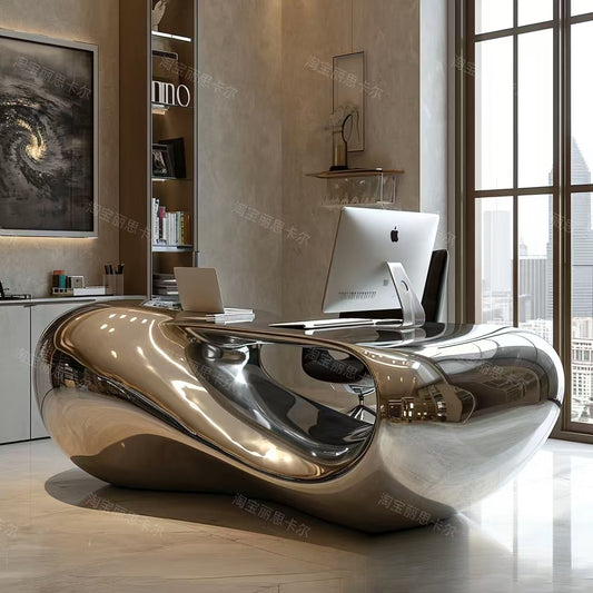 Fiberglass Chrome Reception Desk with Curved Design, Custom Hotel Lobby Counter with Silver Mirror Finish for Commercial Spaces