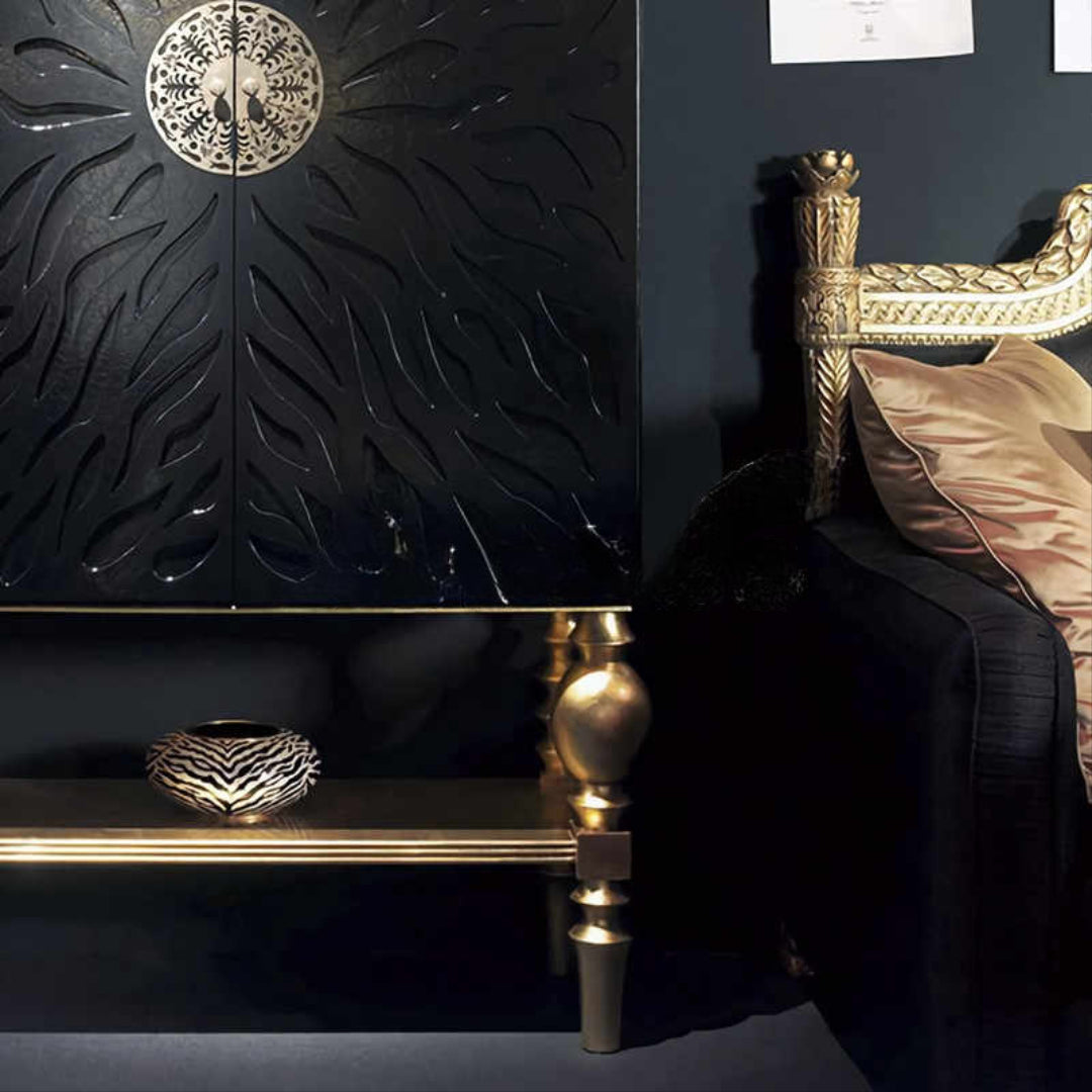 Luxury Art Deco Tall Storage Cabinet – Dark Solid Wood Two-Door Display Partition, Gold Accent High-End Sideboard